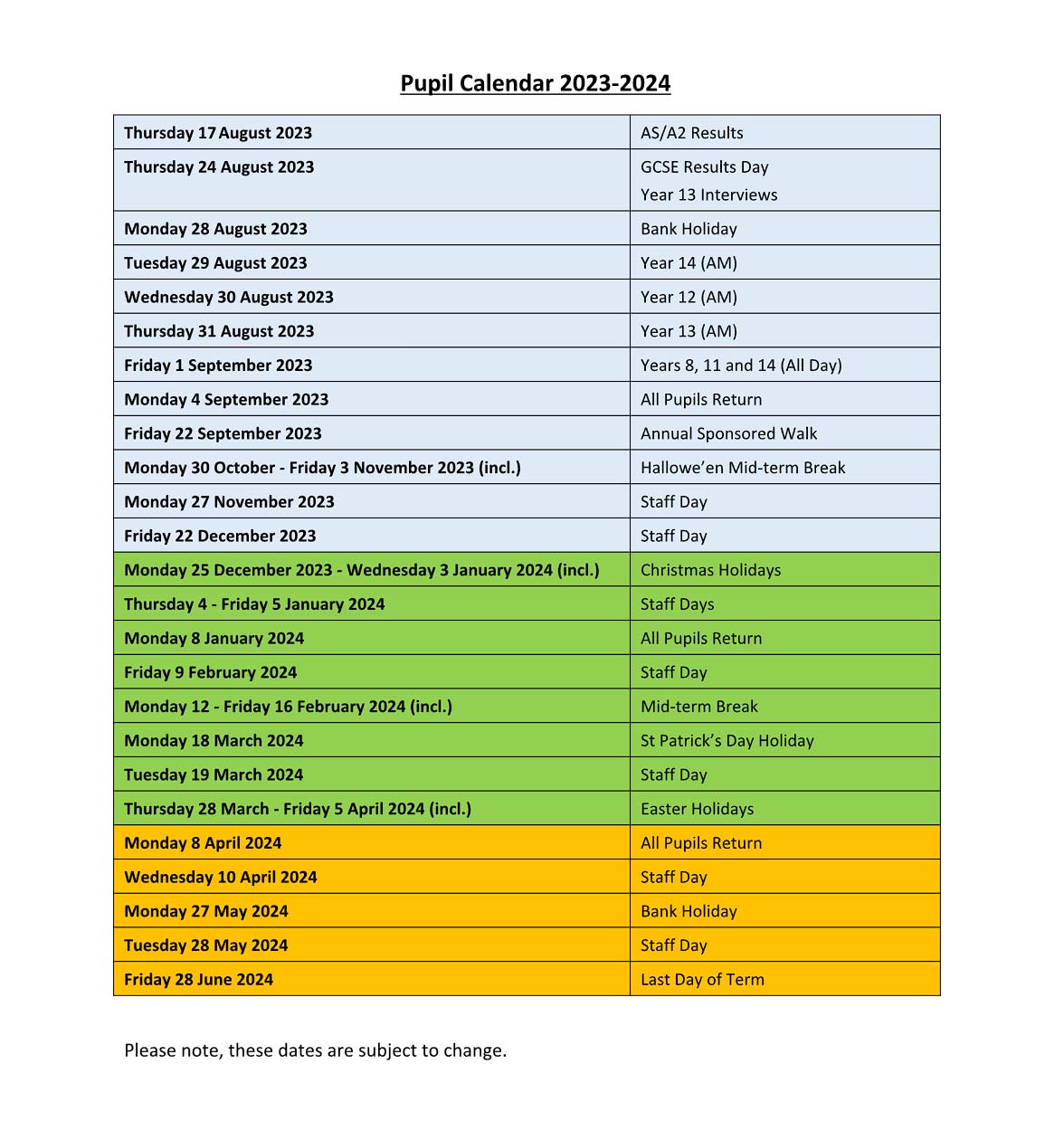 Pupil Calendar Assumption Grammar School