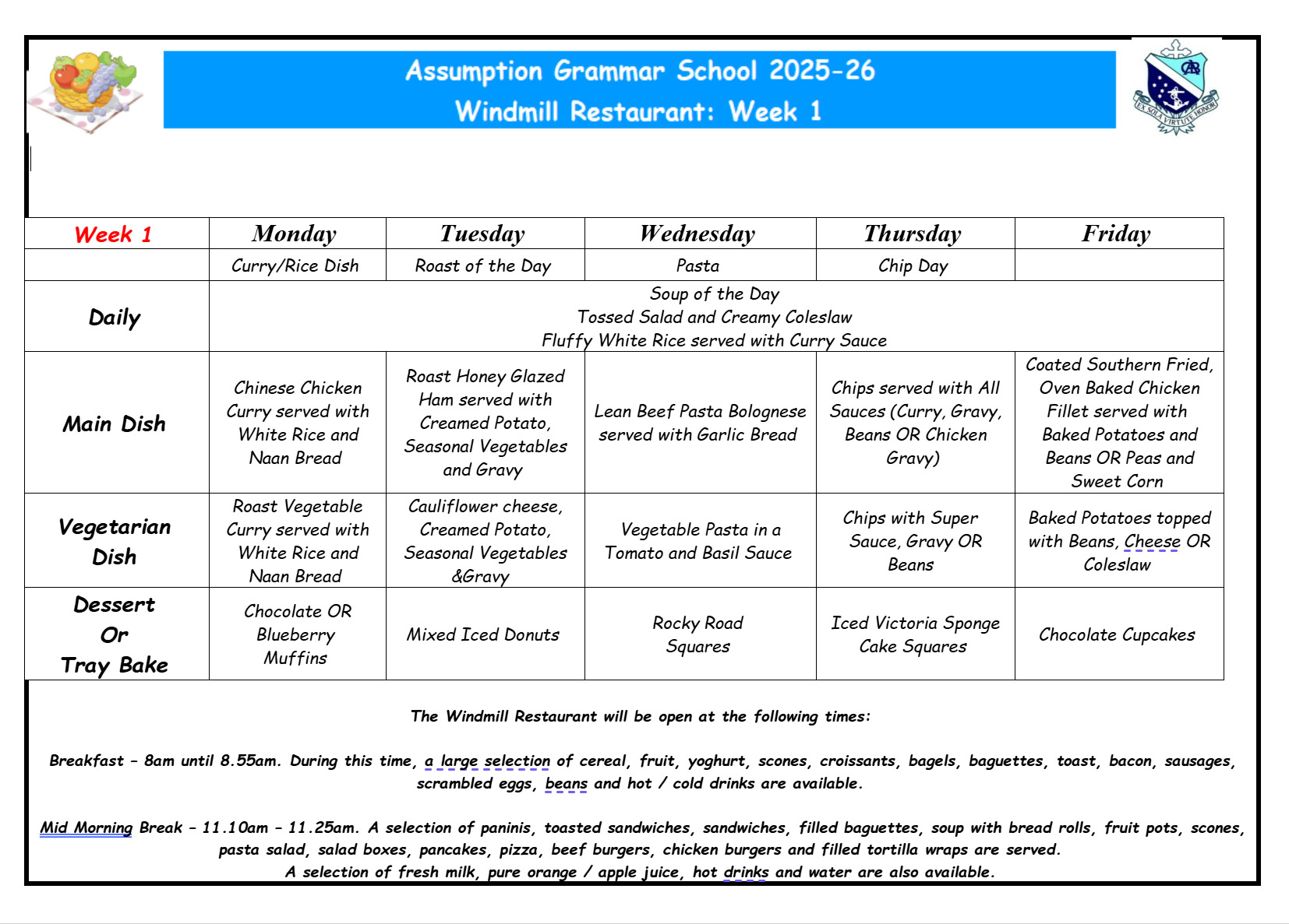 Canteen Menu September 2025 26 Week 1