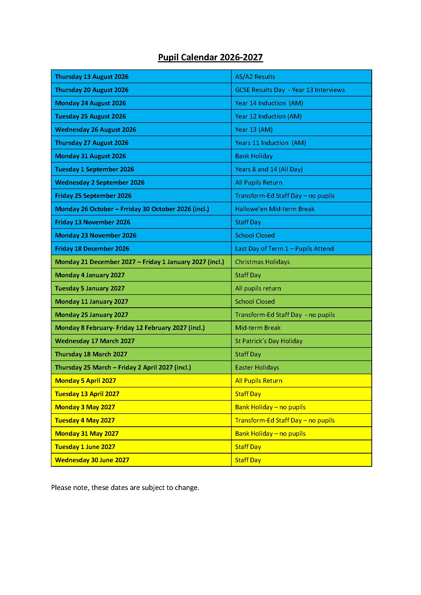 Pupil Calendar 2026 2027